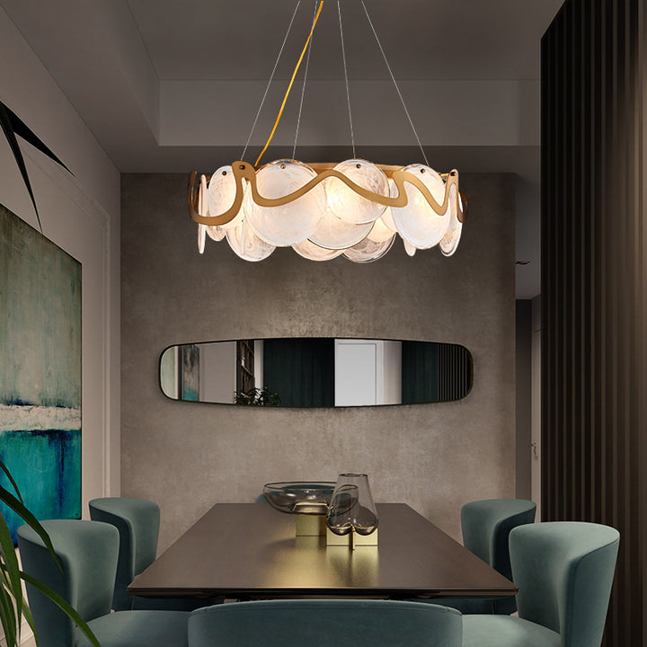 Contemporary Luxury Gold Finish Frame Cloud Texture Glass Disc 8/10-Light Chandelier For Living Room