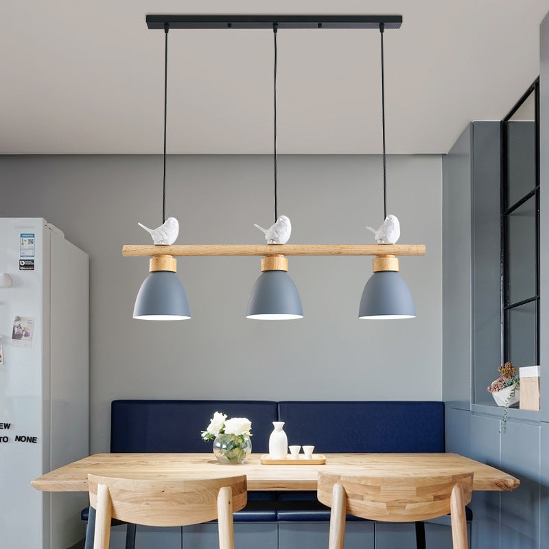 Lustre contemporain scandinave rond en bois de fer et résine à 3 lumières pour salle à manger 