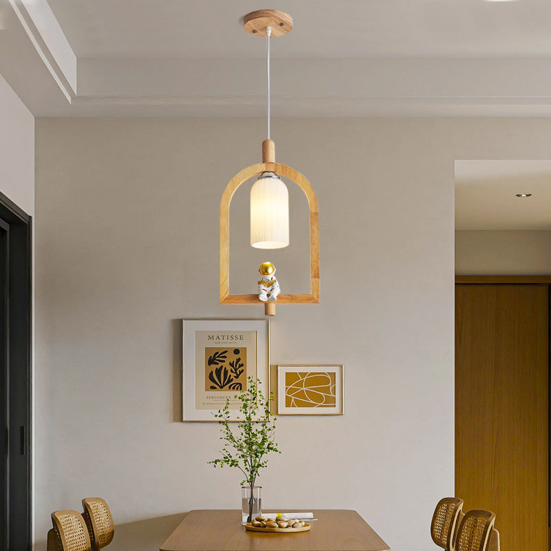 Lustre suspendu contemporain scandinave Cylindre Spaceman en bois et verre à 1 lumière pour salle à manger 