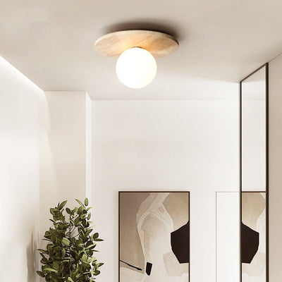 Traditional Vintage Round Travertine 1-Light Flush Mount Ceiling Light For Hallway