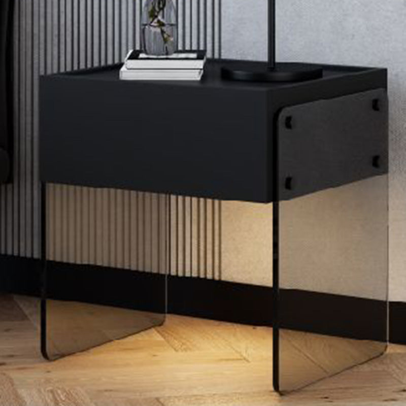 Mesita de noche rectangular moderna y minimalista de madera contrachapada y vidrio con 1 cajón para dormitorio 