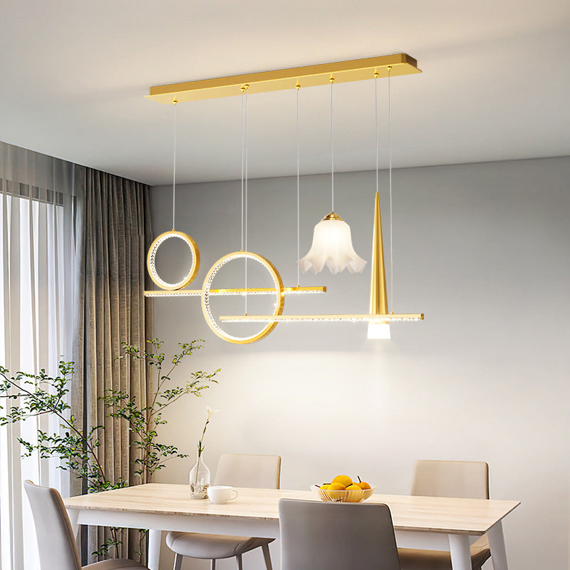 Zeitgenössischer luxuriöser geometrischer Ring-Glaskugel-Schirm LED-Kronleuchter Insellicht für Wohnzimmer 