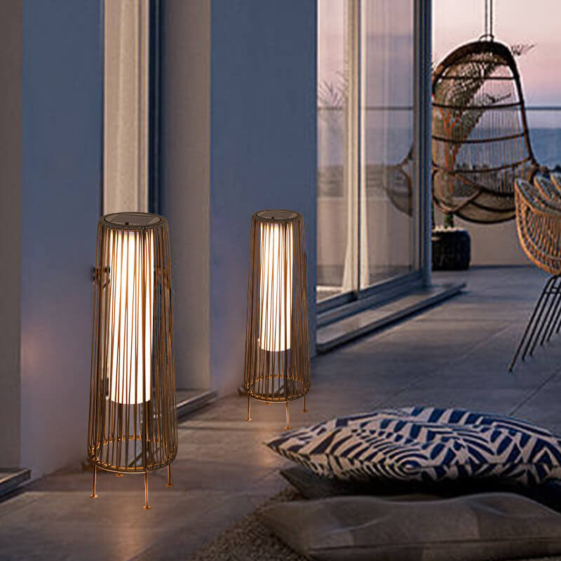 Moderno Shabby Chic Solar Redondo Trapezoidal Hierro Ratán Mimbre LED Luz Exterior Para Patio Exterior 