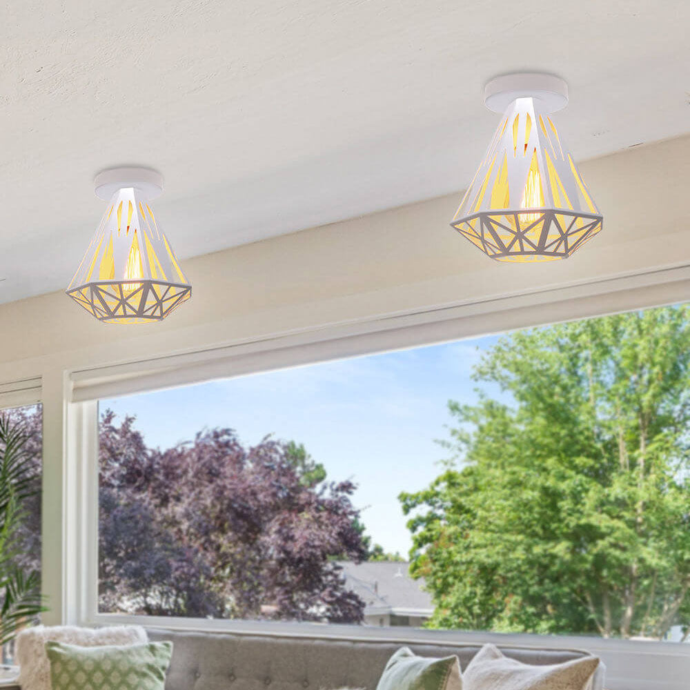 Contemporary Industrial Simple Iron Diamond Cage 1-Light Semi-Flush Mount Ceiling Light
