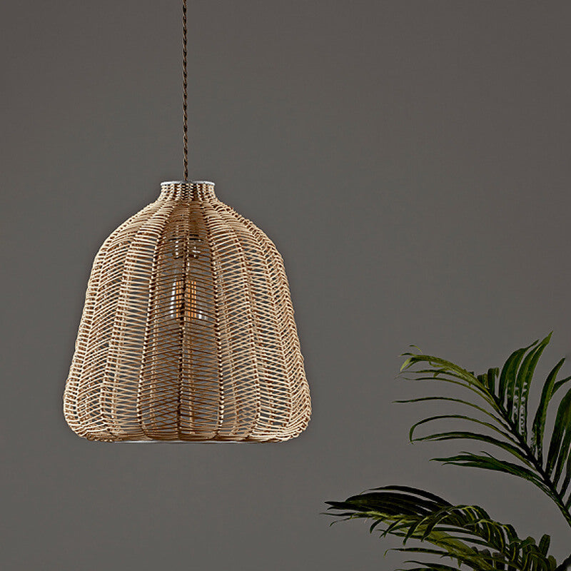 Vintage Chinese Rattan Weaving Handmade Oval 1-Light Pendant Light