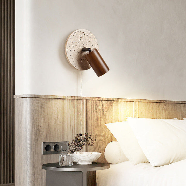 Applique murale moderne de style mi-siècle en bois massif cylindrique rond beige travertin à 1 lumière pour chambre 