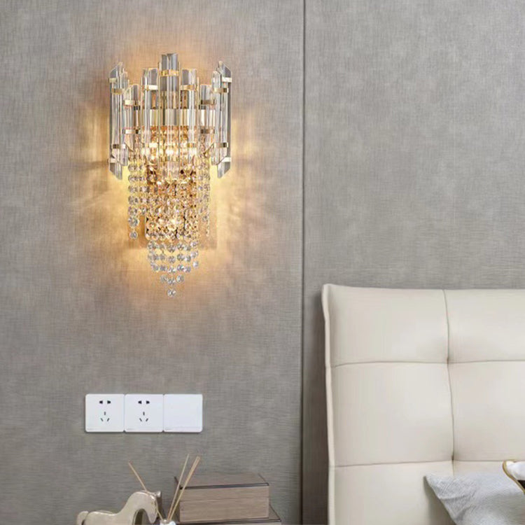 Applique Murale Moderne en Acier Inoxydable Doré de Luxe avec Pampilles en Cristal et 2 Lumières pour Salon 