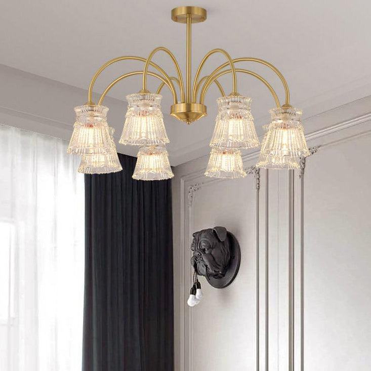 Zeitgenössische Retro gebogene Stange Blume Tasse Kupfer Glas 3/5/6 Licht Kronleuchter für Wohnzimmer 