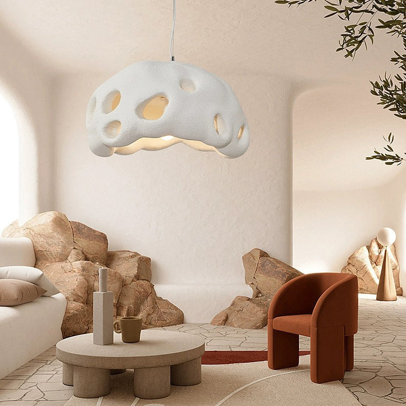 Suspension Luminaire Rond Japonais Traditionnel en Résine Creuse à 1 Lumière pour Salon 