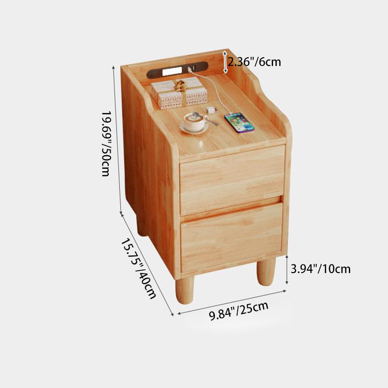 Table de chevet rectangulaire minimaliste moderne en bois de caoutchouc avec 2 tiroirs, lumière de capteur et chargement USB pour chambre 