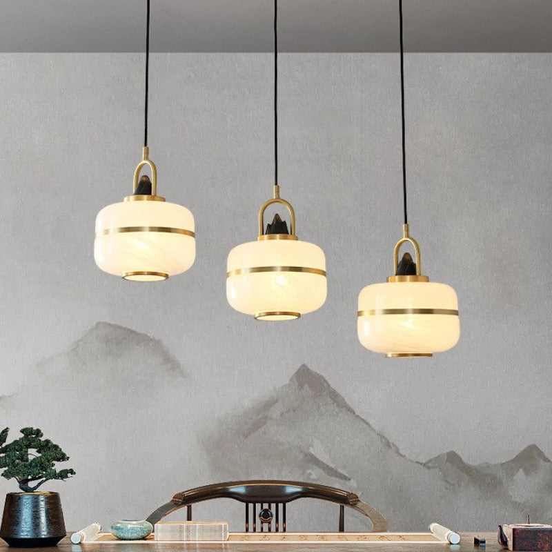 Traditionelle chinesische Pendelleuchte mit Kupferrahmen und Glasschirm, 1 Licht, für Wohnzimmer 