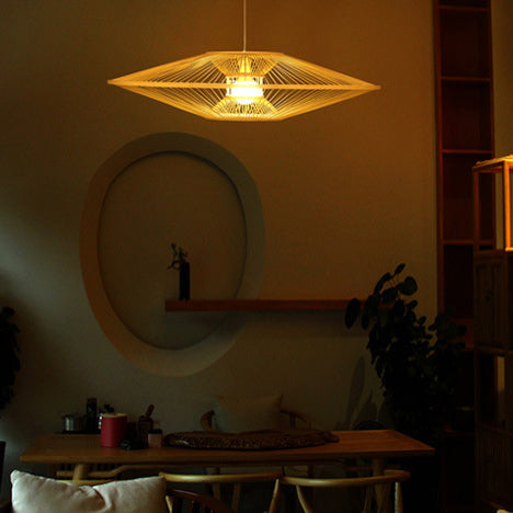 Traditional Vintage Woven Tatami Round Rattan Bamboo 1-Light Pendant Light For Living Room