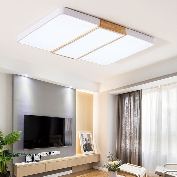 Zeitgenössische skandinavische quadratische Rechteckkombination aus Holz und Eisen, LED-Deckenleuchte für Wohnzimmer 