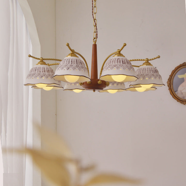 Traditional Vintage Half Round Copper Wood Ceramic 4/6/8 Light Chandelier For Living Room