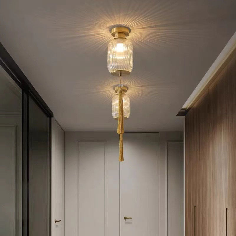 Traditionelle chinesische Laterne, sphärisches Kupferglas, 1-flammig, halbbündige Deckenleuchte für Schlafzimmer 