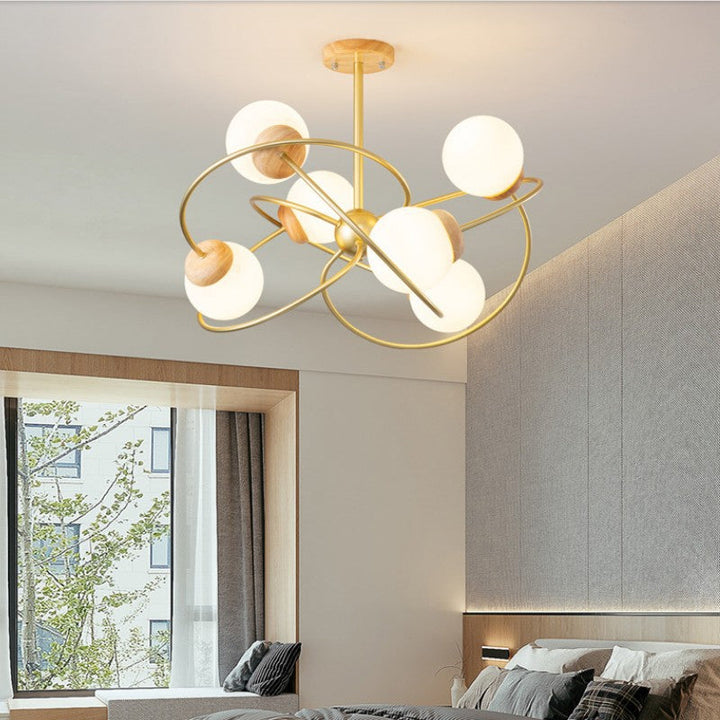 Zeitgenössischer nordischer runder Kronleuchter aus Eisen, Holz und Glas mit 4/6 Lichtern für Wohnzimmer 