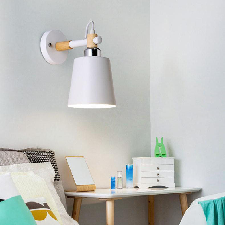 Contemporary Scandinavian Cylindrical Wooden Iron 1-Light Wall Sconce Lamp For Bedroom