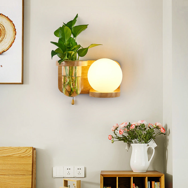 Moderne minimalistische rechteckige Zylinder Orb Glas Holz 1-Licht Wandleuchte Lampe für Wohnzimmer 