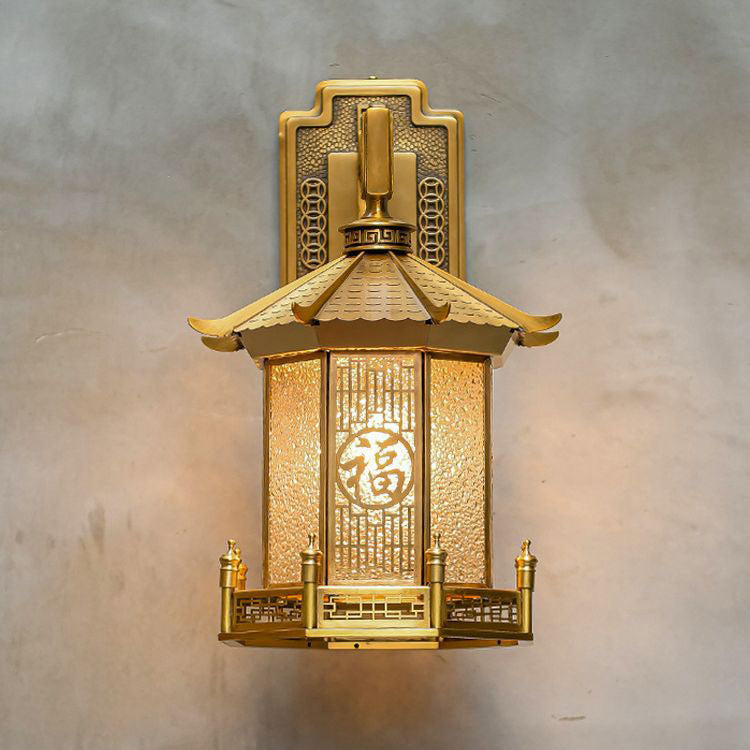 Lámpara de Aplique de Pared de 1 Luz en Forma de Cono de Cilindro de Vidrio de Acero Inoxidable de Latón Impermeable Tradicional Chino para Patio Exterior 