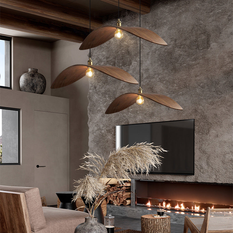Traditionelle japanische Pendelleuchte mit 1 Licht und Walnussholzmaserung in Blattform für Esszimmer 