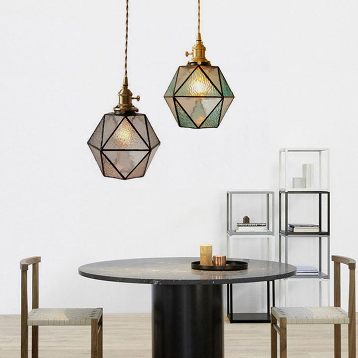 Traditional Tiffany Iron Brass Glass Polygonal Diamond 1-Light Pendant Light For Dining Room