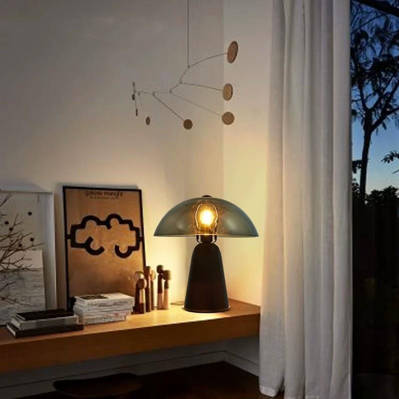 Modern Eclectic Clear Glass Dome Shade Solid Wood Base 1-Light Table Lamp For Bedroom