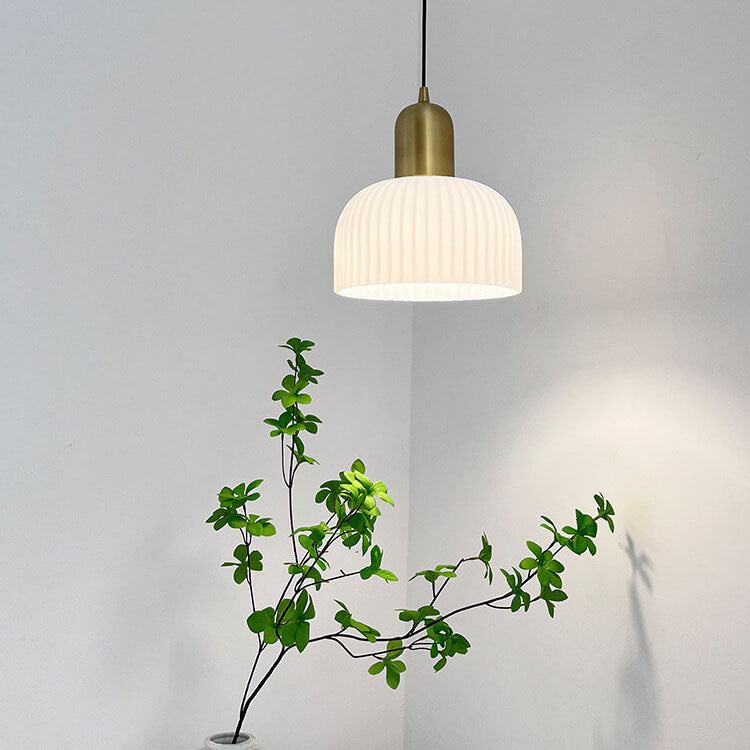 Japanischer Wabi-Sabi Messing Halbkreis Faltglas 1-Licht Pendelleuchte 