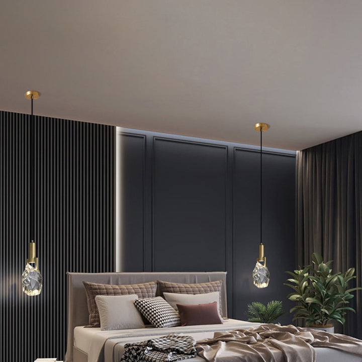 Lustre suspendu contemporain de luxe en cuivre avec cristal de pierre 1 lumière pour salon 