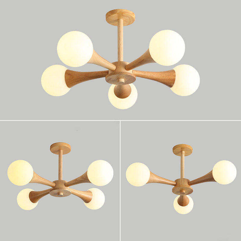 Traditioneller japanischer Holzrahmen-Kronleuchter mit Glas-Magiebohnen, 3/4/5 Lichter, für Wohnzimmer 