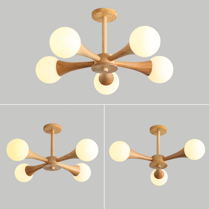 Traditioneller japanischer Holzrahmen-Kronleuchter mit Glas-Magiebohnen, 3/4/5 Lichter, für Wohnzimmer 