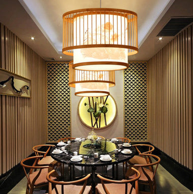 Traditionelle chinesische Bambusweberei Stoff Runde 1-Licht Pendelleuchte für Esszimmer 