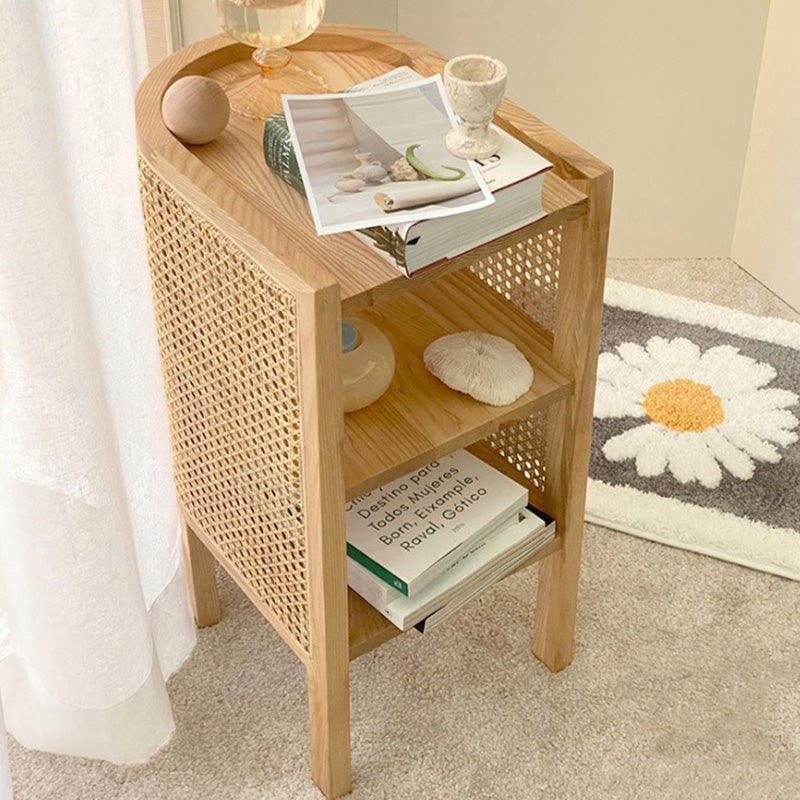Traditioneller japanischer halbrunder Nachttisch aus Massivholz und Sperrholz mit Rattanweberei, 3-stufig, für das Schlafzimmer 