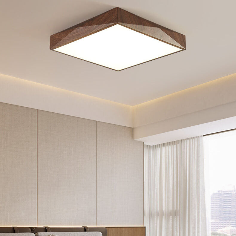 Modern Minimalist Wood Grain Iron Acrylic Square Geometry LED Flush Mount Ceiling Light for Living Room