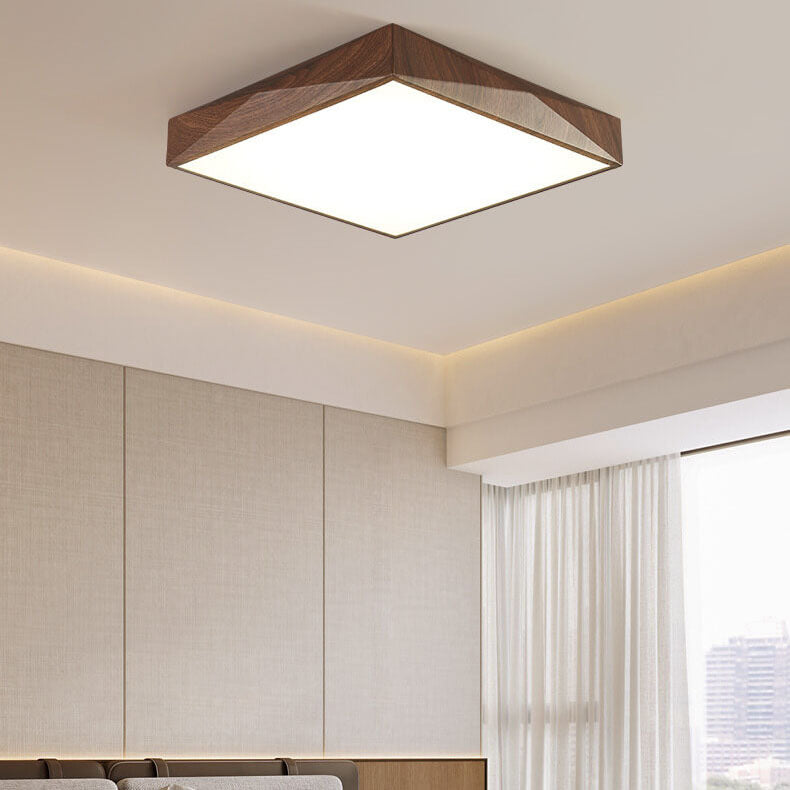 Modern Minimalist Wood Grain Square Geometry LED Flush Mount Ceiling Light