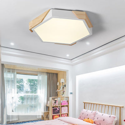 Contemporary Scandinavian Hexagonal Iron Wood Macaron LED Flush Mount Ceiling Light For Bedroom