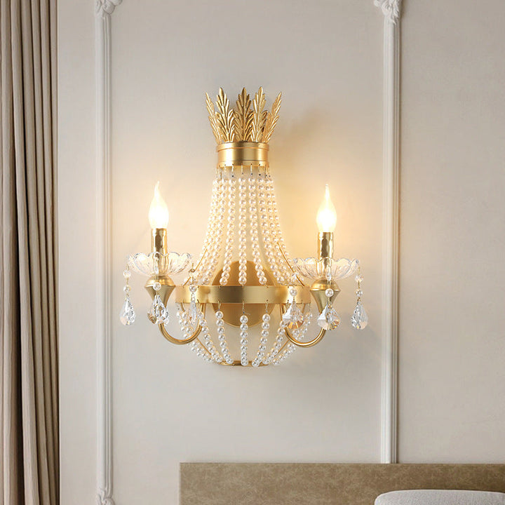 Lámpara de Aplique de Pared de 2 Luces de Cristal de Perlas y Hierro con Flecos en Media Luna de Lujo Moderno para Dormitorio 