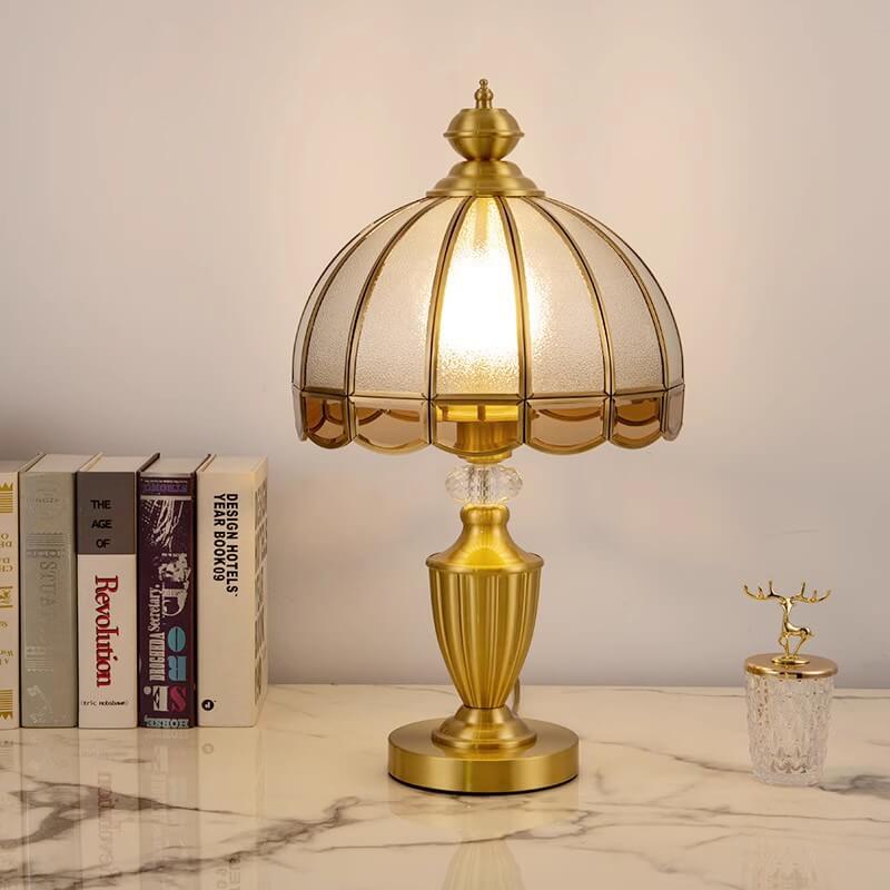 Chinese Vintage Brass Water Pattern Glass Dome 1-Light Table Lamp