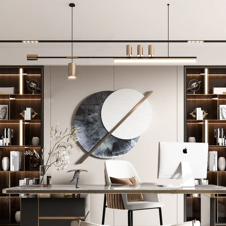 Lustre moderne minimaliste avec monogramme, cylindre long en acrylique et cuivre à 5 lumières pour salon 