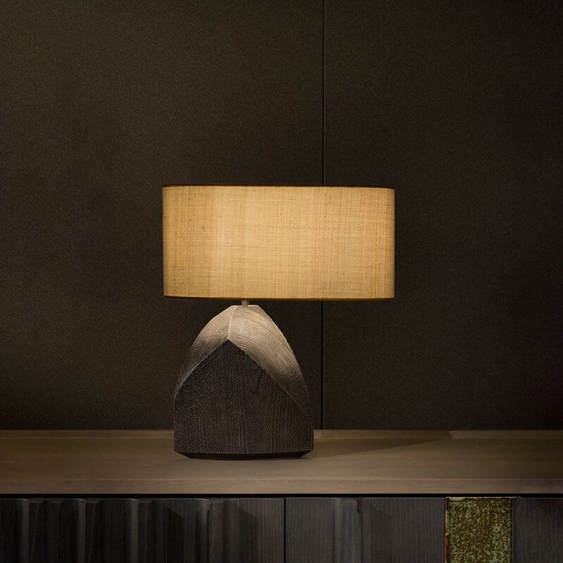 Chinese Retro Resin Stone Shape Fabric Round 1-Light Table Lamp