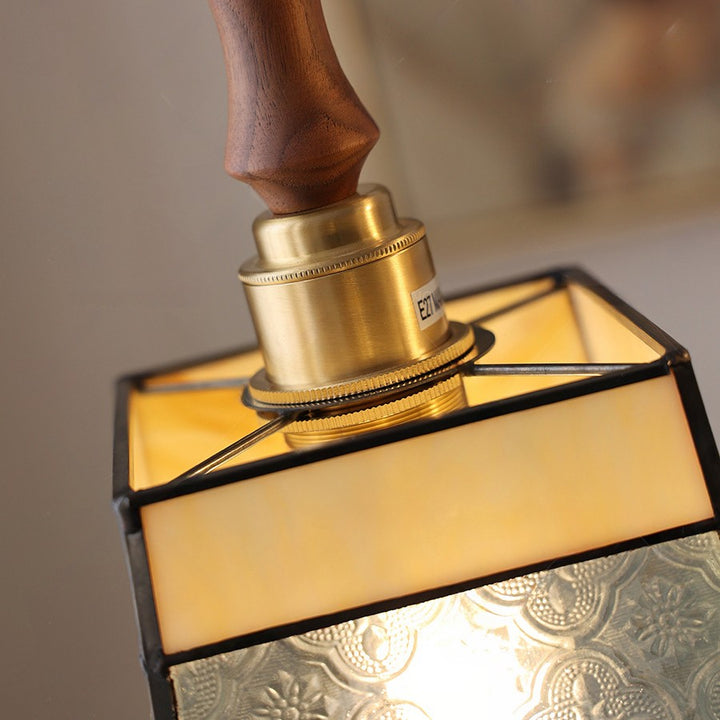 Lámpara colgante contemporánea retro de vidrio, latón, hierro, nogal cúbico trapezoidal de 1 luz para comedor 