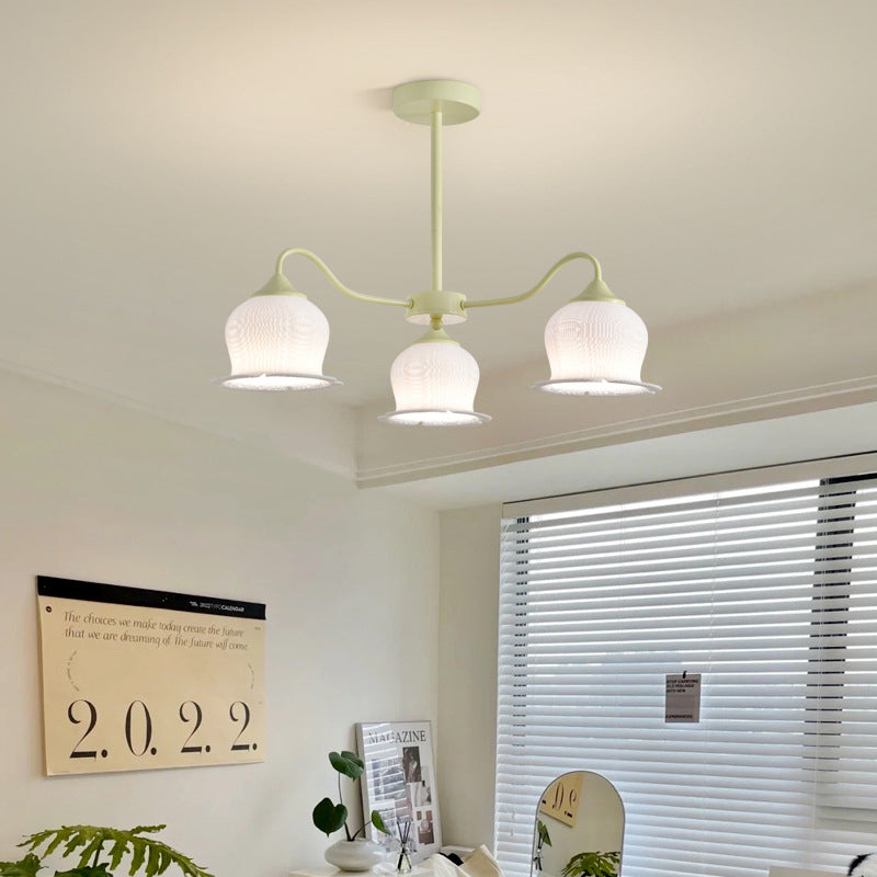 Moderner Art-Deco-Kronleuchter mit Eisenrahmen und PLA-Glocken-Orchideen-Blumenschirm, 3/5/6 Lichter, für Wohnzimmer 