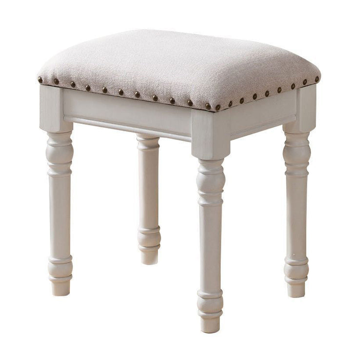 Tabouret de coiffeuse sans dossier ni accoudoirs en bois massif, cuir synthétique et lin carré scandinave contemporain pour chambre 