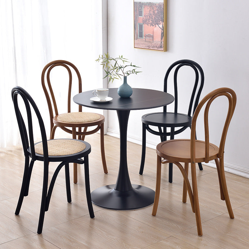 Contemporary Retro Faux Rattan Rubberwood Round Arched Dining Chair Backrest For Dining Room