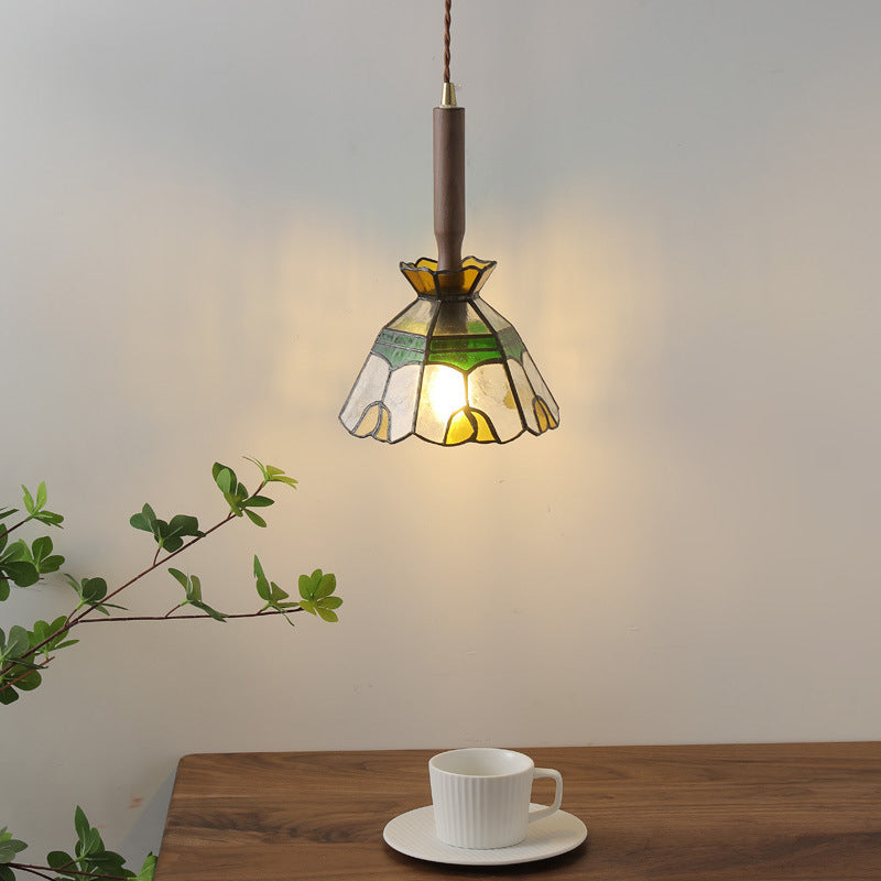 Traditionelle Vintage Blumenform Holz Glas 1-Licht Pendelleuchte für Wohnzimmer 