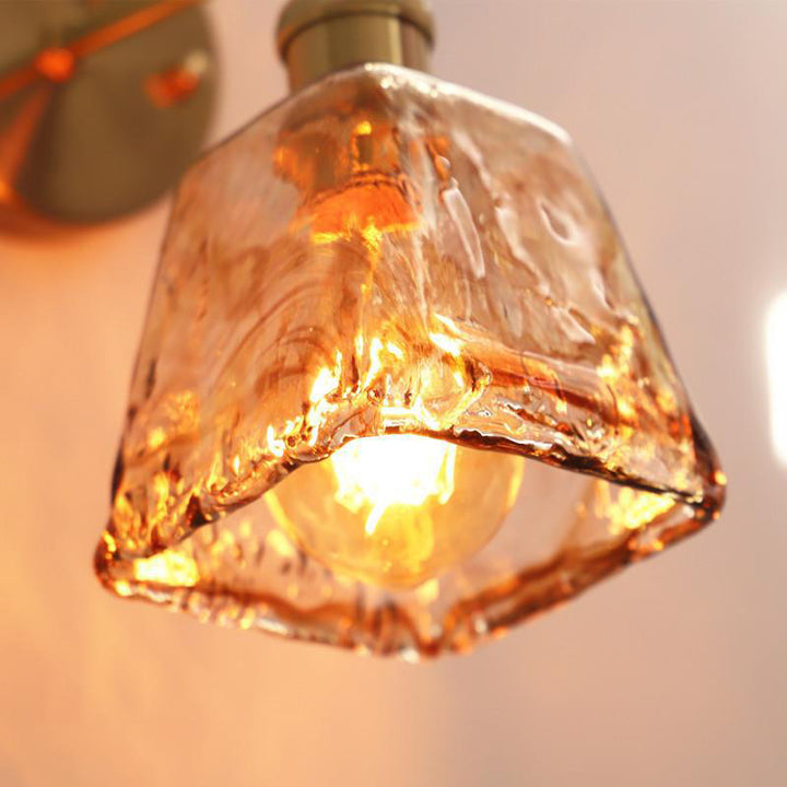 Modern Minimalist Eclectic Amber Glass Brass Iron Geometric 1-Light Wall Sconce Lamp For Living Room