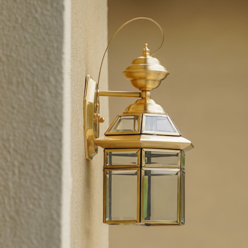 Traditional European Outdoor Hexagonal Cage Glass Copper 1-Light Waterproof Wall Sconce Lamp For Outdoor