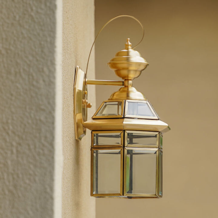 Traditional European Outdoor Hexagonal Cage Glass Copper 1-Light Waterproof Wall Sconce Lamp For Outdoor