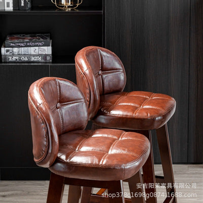 Moderner minimalistischer quadratischer Holz-Leder-Schaum-Barhocker mit vier Beinen und Rückenlehne für das Esszimmer 