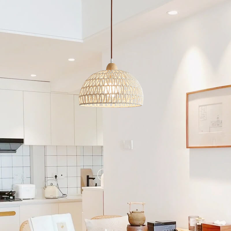 Contemporary Boho Rubberwood Faux Rattan Weaving Dome 1-Light Pendant Light For Dining Room