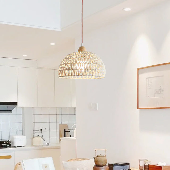 Contemporary Boho Rubberwood Faux Rattan Weaving Dome 1-Light Pendant Light For Dining Room